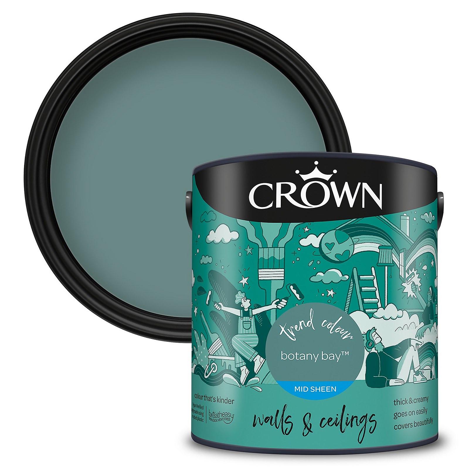 Crown Mid Sheen Paint in Botany Bay, 2.5 litres, features a teal color with a decorative label showcasing playful illustrations and a black lid.
