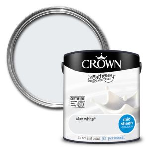 Crown Breatheasy Clay White Mid Sheen Emulsion Paint in a 2.5L metal can, featuring a sleek design with a black lid and label, highlighting its clay white color and mid-sheen finish.