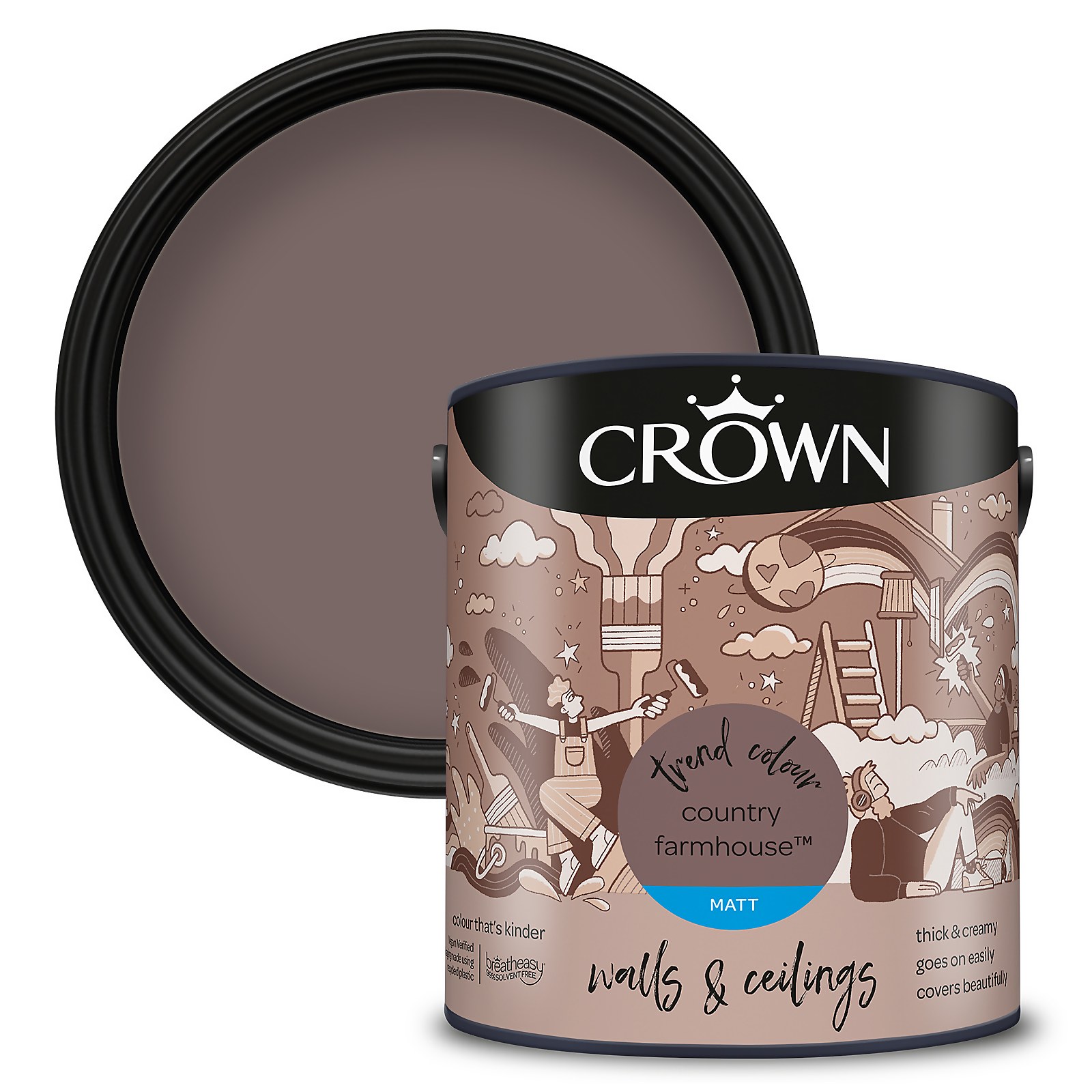 Crown Walls and Ceilings Matt Emulsion Paint in Country Farmhouse, a 2.5L can featuring a dark taupe color with a smooth matte finish and decorative label design.