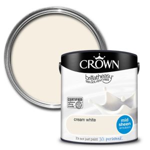 Crown Breatheasy Cream White Mid Sheen Emulsion Paint in a 2.5L can, featuring a sleek design with a silver lid and a label highlighting its creamy color and solvent-free formula.