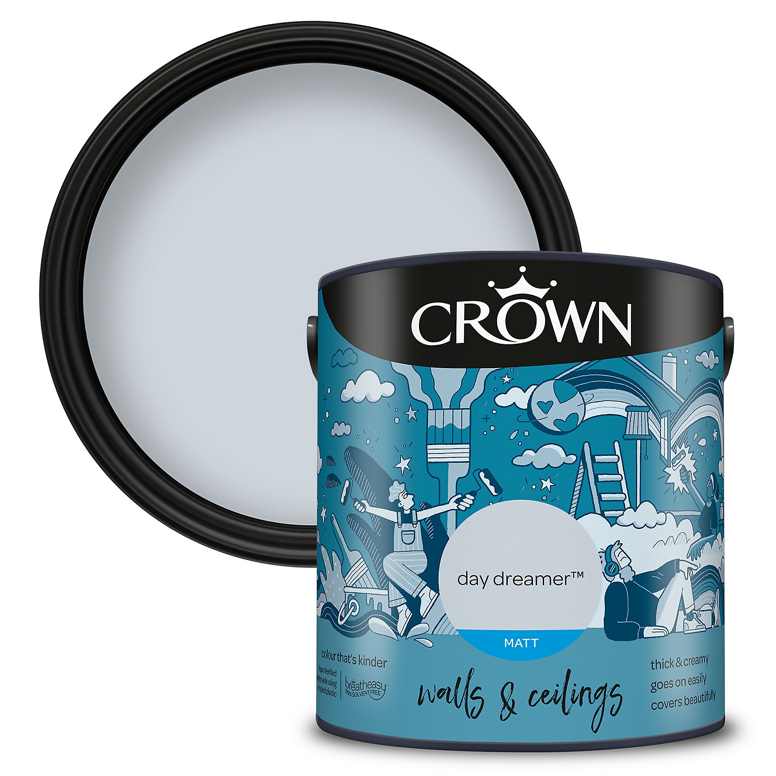 Crown Day Dreamer Matt Paint Emulsion in a 2.5L tin, featuring a vibrant blue design with whimsical illustrations, and a black lid, ideal for walls and ceilings.