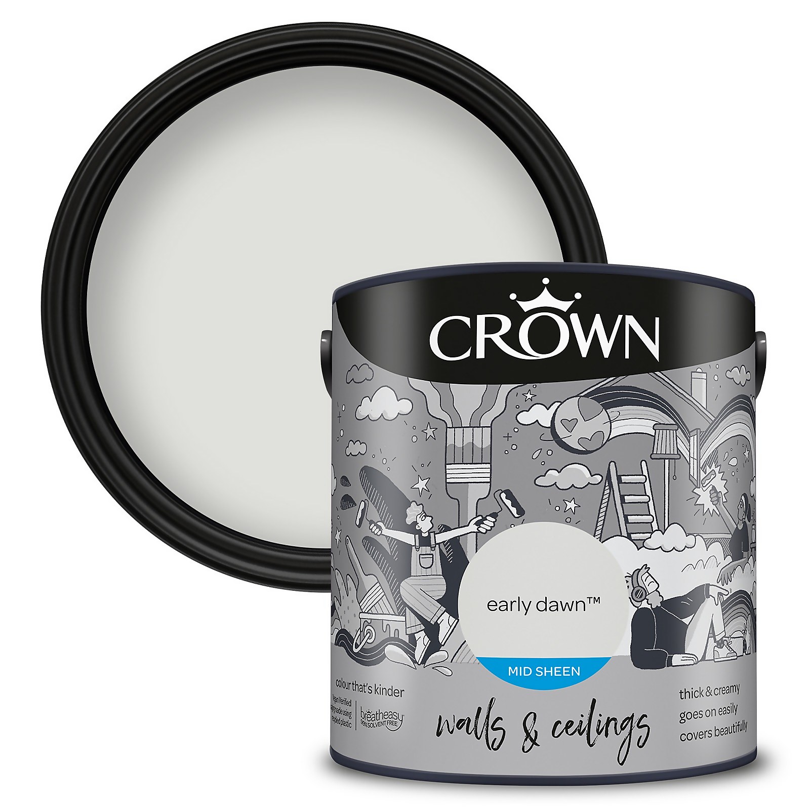 Crown Mid Sheen Paint in Early Dawn, 2.5 litres, features a light pastel color with a smooth texture, packaged in a round tin with a black lid and illustrated label.