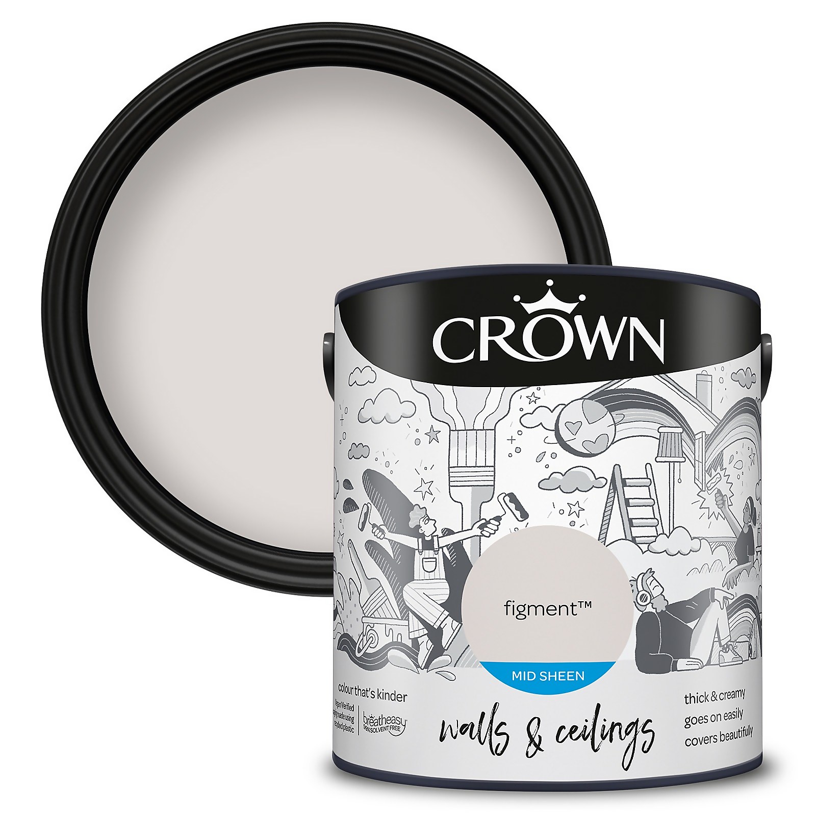 Crown Mid Sheen Paint in Figment, 2.5 litres, features a glossy white exterior with playful illustrations, labeled for walls and ceilings, and a black lid.