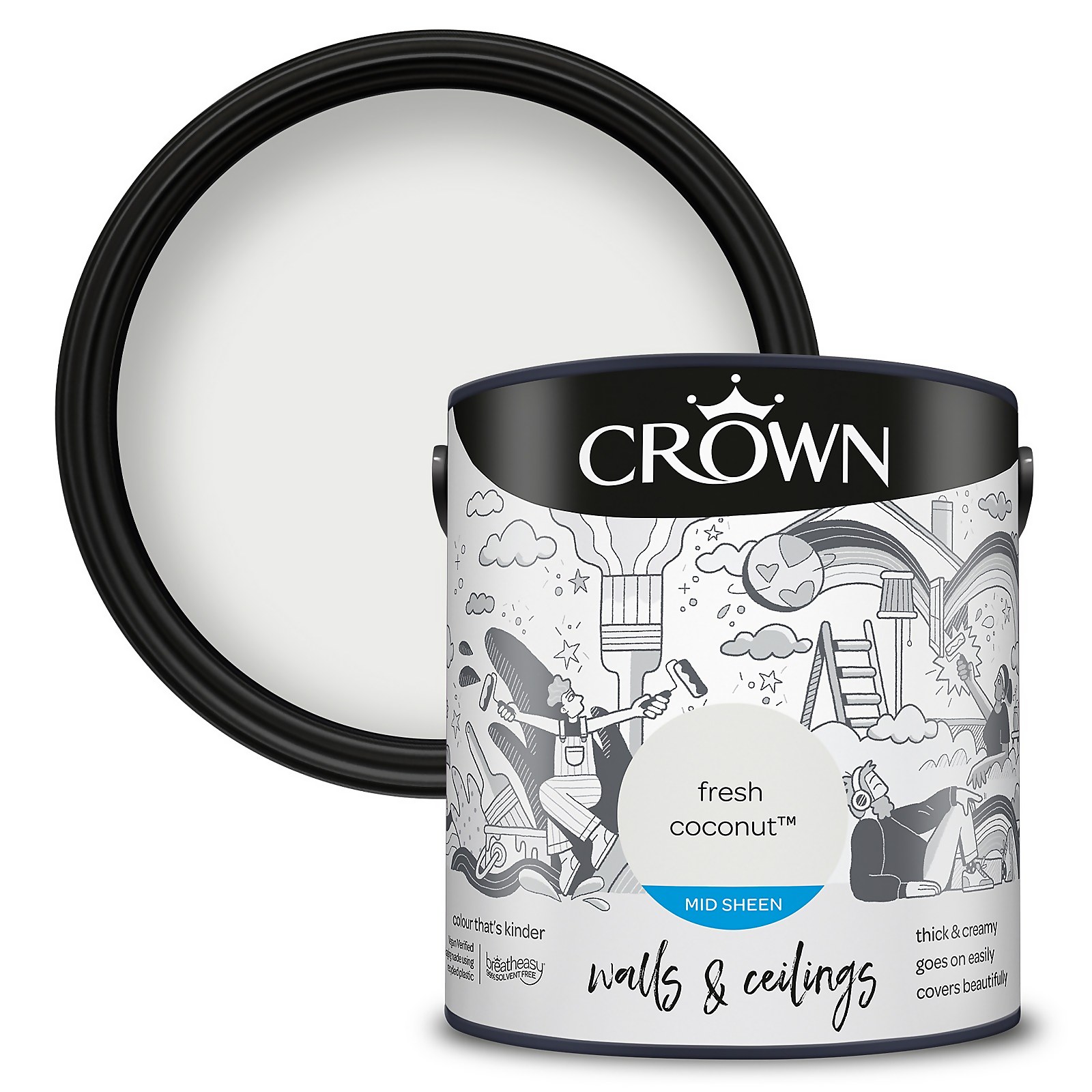 Crown Mid Sheen Paint in Fresh Coconut, 2.5 litres, features a white can with a black lid, showcasing playful illustrations and text for walls and ceilings.