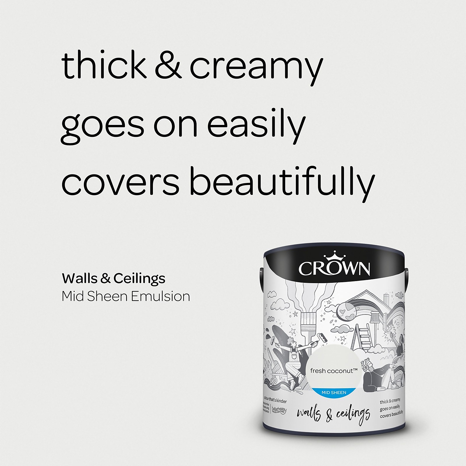 Crown Walls & Ceilings Fresh Coconut Mid Sheen Emulsion Paint 5L - image 4