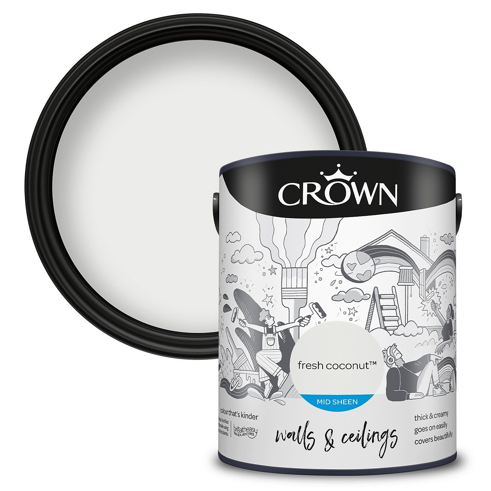Crown Mid Sheen Paint in Fresh Coconut, 5 litres, featuring a black lid, white container with colorful illustrations, and text indicating it's suitable for walls and ceilings.