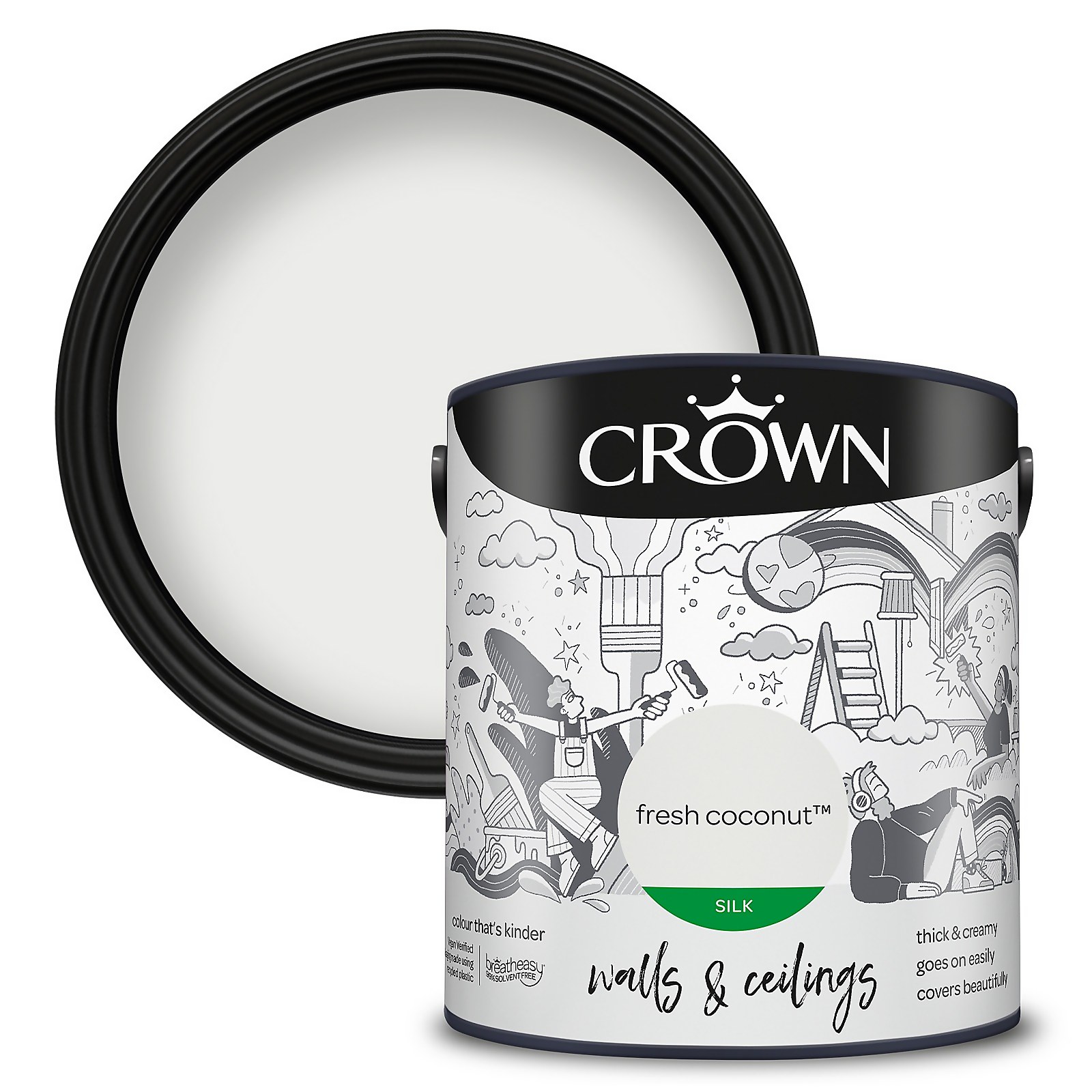 Crown Walls and Ceilings Silk Emulsion Paint in Fresh Coconut, 2.5L, featuring a sleek black container with a white lid, showcasing a vibrant, creamy white color.