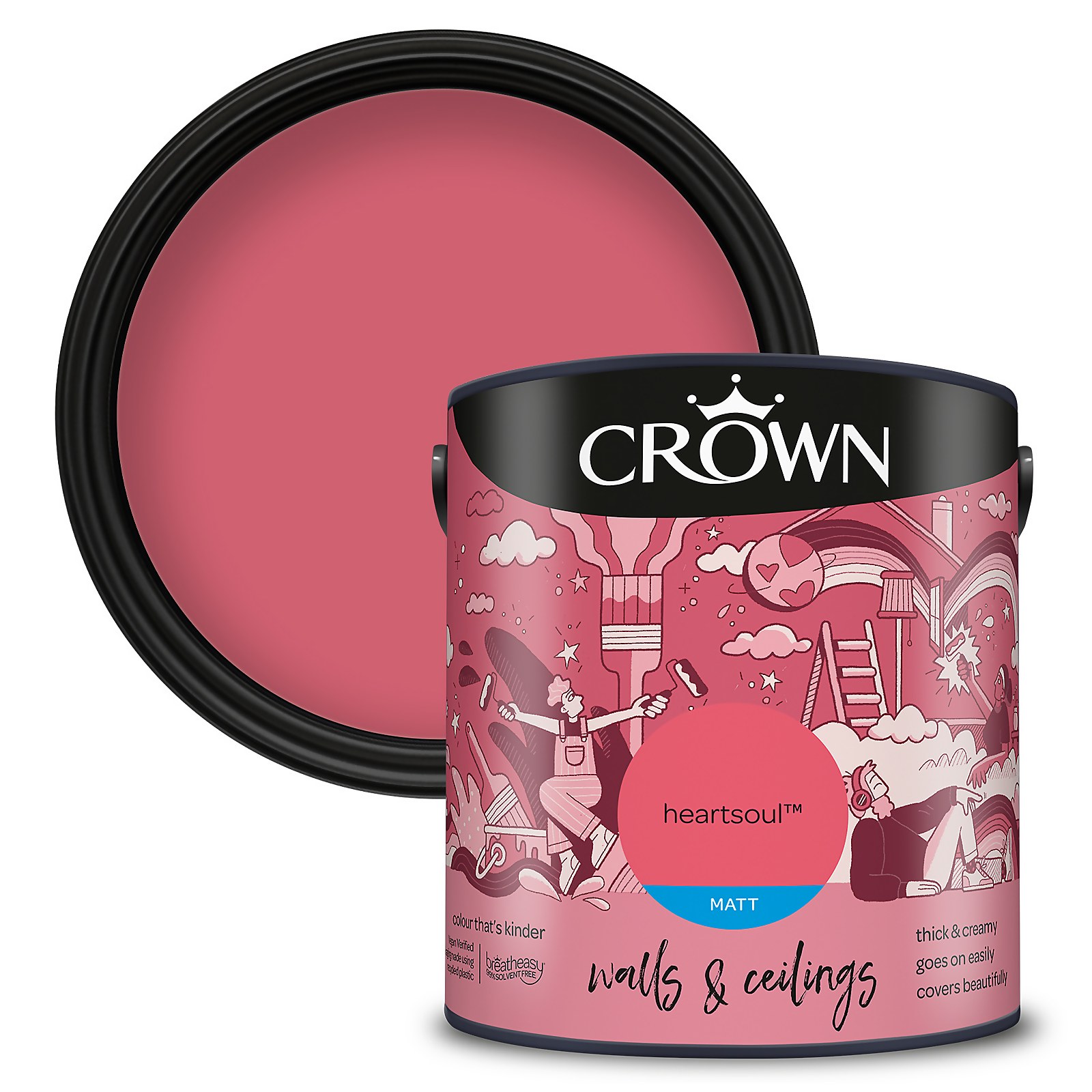 Crown Heartsoul Matt Paint Emulsion in a 2.5L can, featuring a vibrant pink color, with a black lid and whimsical illustrations on the label.