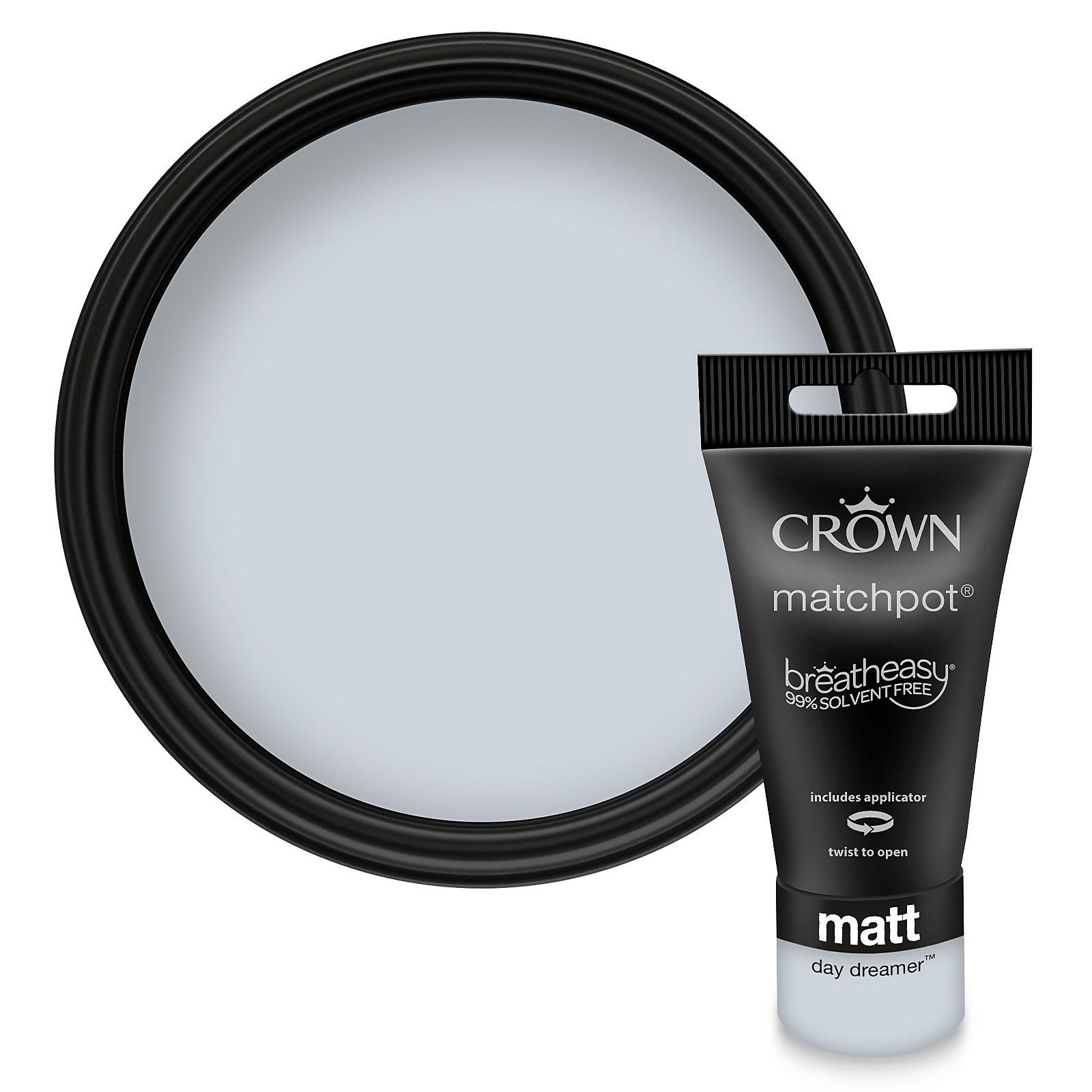 Crown Walls and Ceilings Matt Emulsion Paint sample in "Day Dreamer," featuring a 40ml tube with a twist cap and a round black lid showing a soft, light blue-grey color.