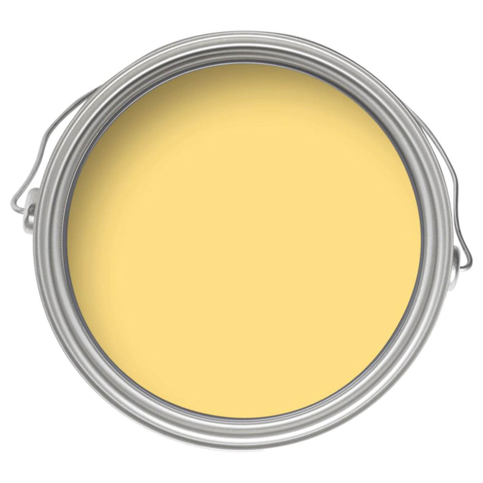 Crown Walls & Ceilings Matt Emulsion Paint in "Happy Daze" shade, 2.5L, featuring a smooth, creamy yellow color in a round metal can.