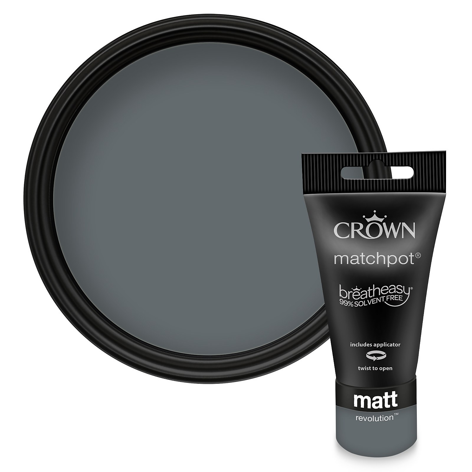 Crown Walls and Ceilings Matt Emulsion Paint sample in a 40ml tube, featuring a dark gray color with a twist cap, next to a circular paint swatch in the same shade.