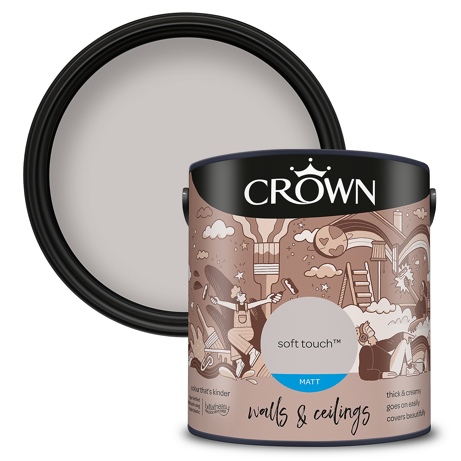 Crown Walls and Ceilings Matt Emulsion Paint in Soft Touch, 2.5L, features a sleek black lid and a decorative label with illustrations, showcasing a soft, light grey paint color.
