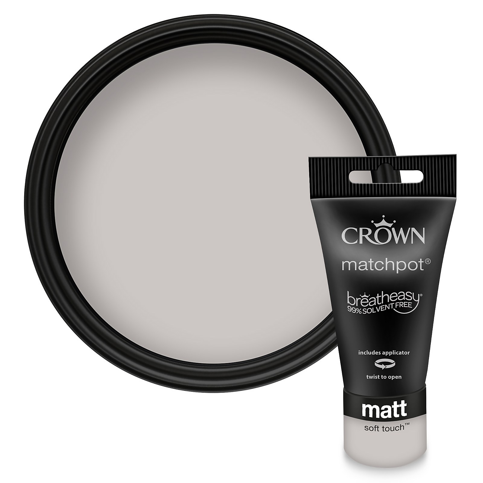 Crown Walls and Ceilings Matt Emulsion Paint sample in Soft Touch, featuring a 40ml tube and a round black lid with a light grey paint swatch.