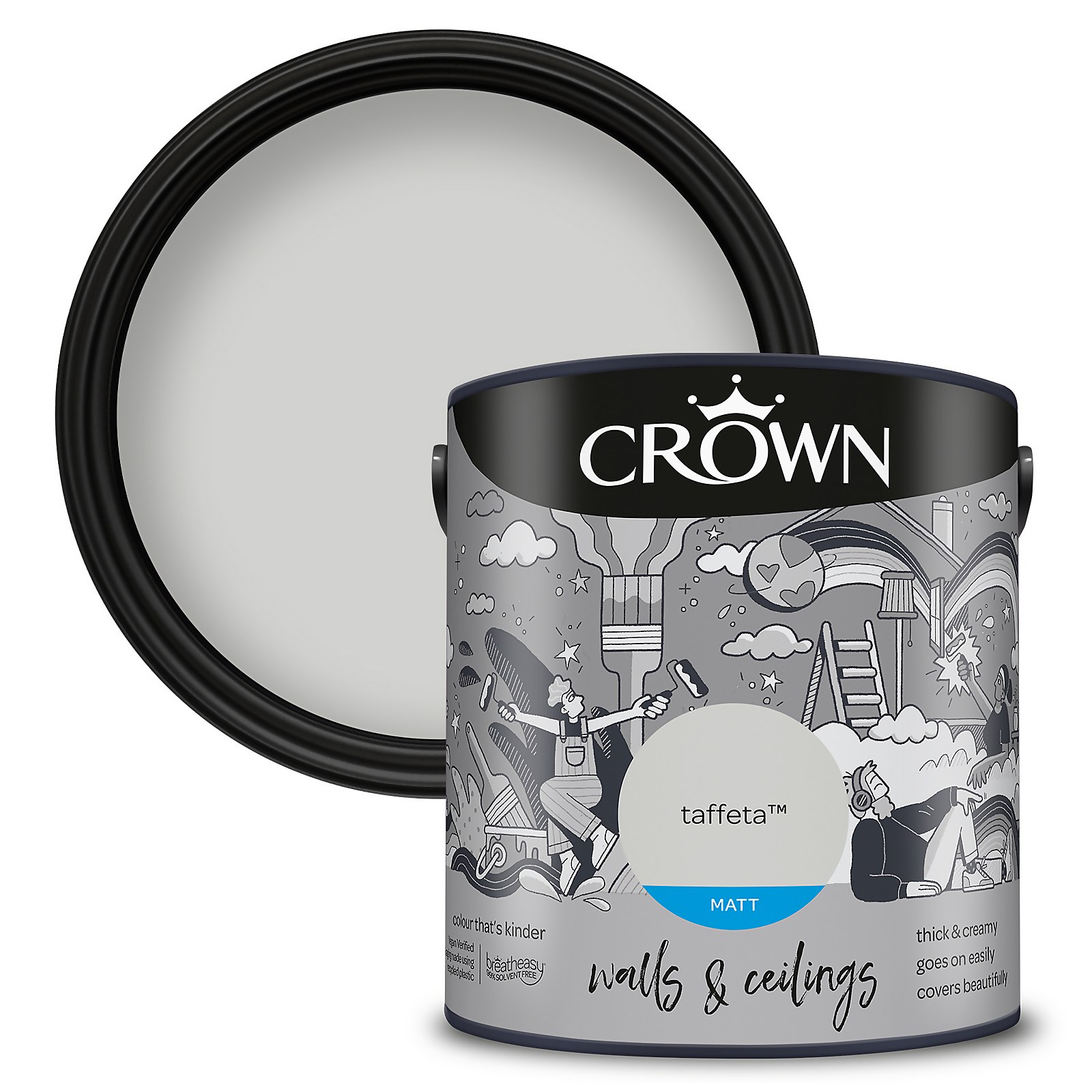 Crown Walls and Ceilings Matt Emulsion Paint in Taffeta, 2.5L can, featuring a black lid and a decorative label with illustrations, showcasing a soft grey color.