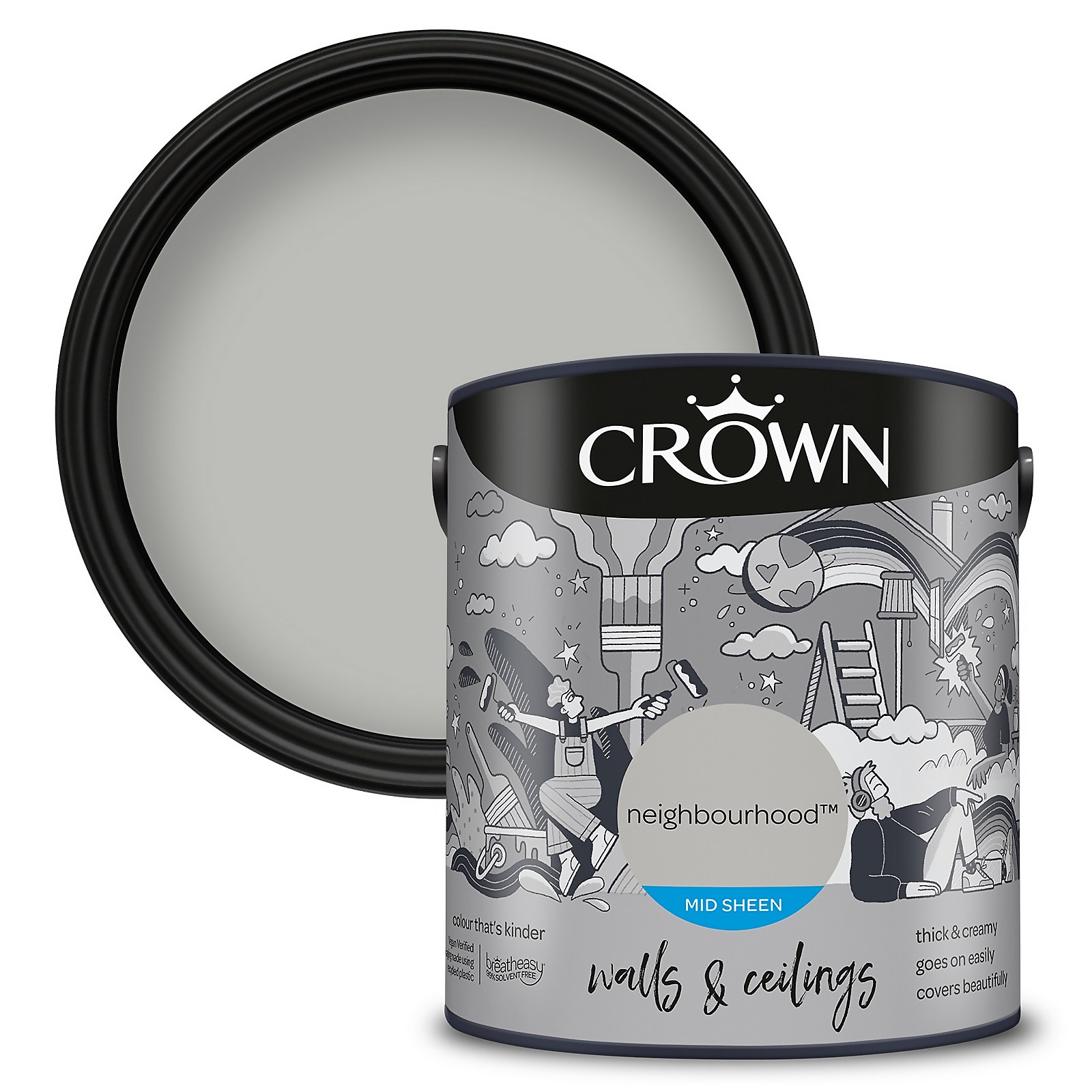 Crown Mid Sheen Paint in "Neighbourhood" color, 2.5 litres, features a black lid and illustrated label showcasing playful, colorful designs for walls and ceilings.
