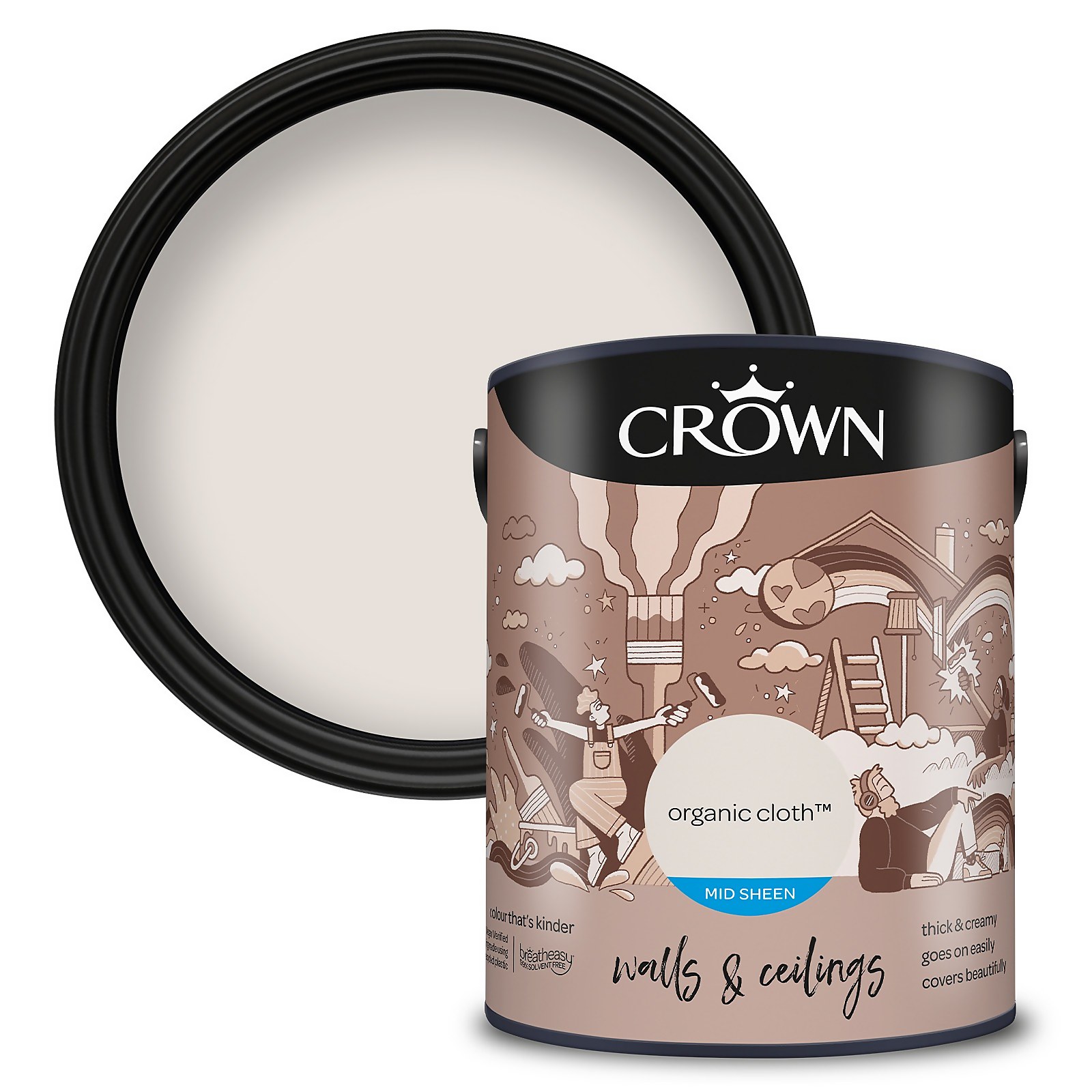 Crown Mid Sheen Paint in Organic Cloth, 5 litres, features a creamy off-white color, thick texture, and a stylish black lid with illustrated design for walls and ceilings.