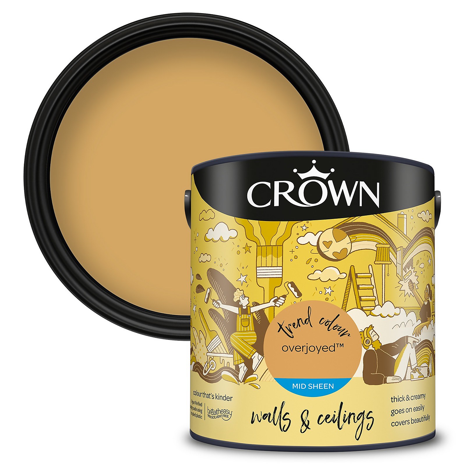 Crown Mid Sheen Paint in "Overjoyed," 2.5 litres, features a creamy beige color with a whimsical design on the can, labeled for walls and ceilings.
