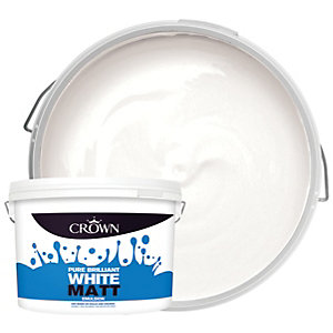Crown 10L Standard Matt Emulsion in Pure Brilliant White, featuring a round plastic bucket with a lid, showcasing smooth white paint inside, labeled with blue and black branding.