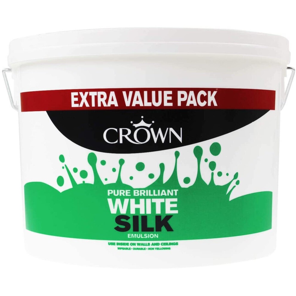 Crown 7.5L Silk Paint in Pure Brilliant White, featuring a white bucket with a green splash design, labeled as an extra value pack.