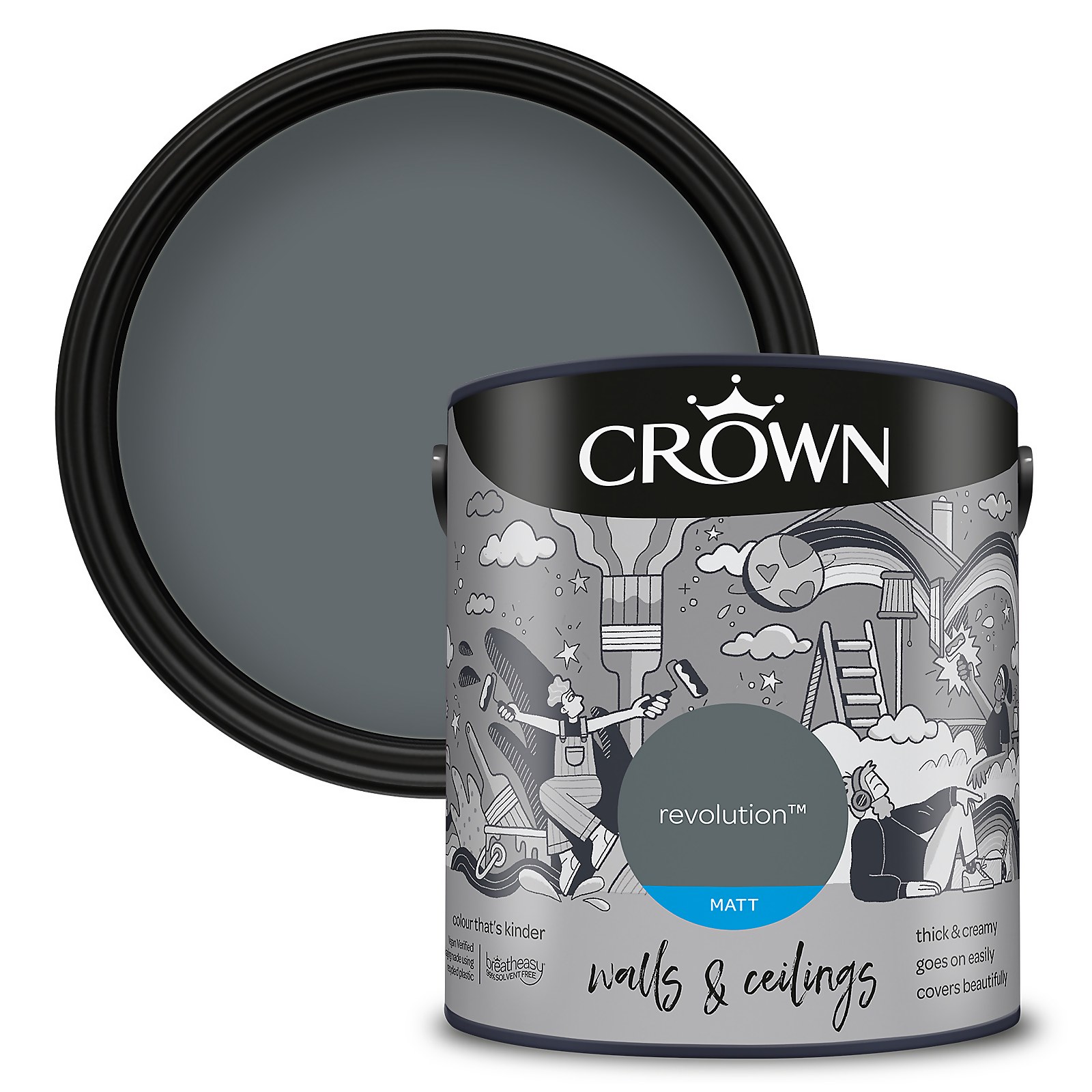 Crown Walls and Ceilings Matt Emulsion Paint in a 2.5L container, featuring a sleek black lid and a grey paint color, with playful illustrations on the label.