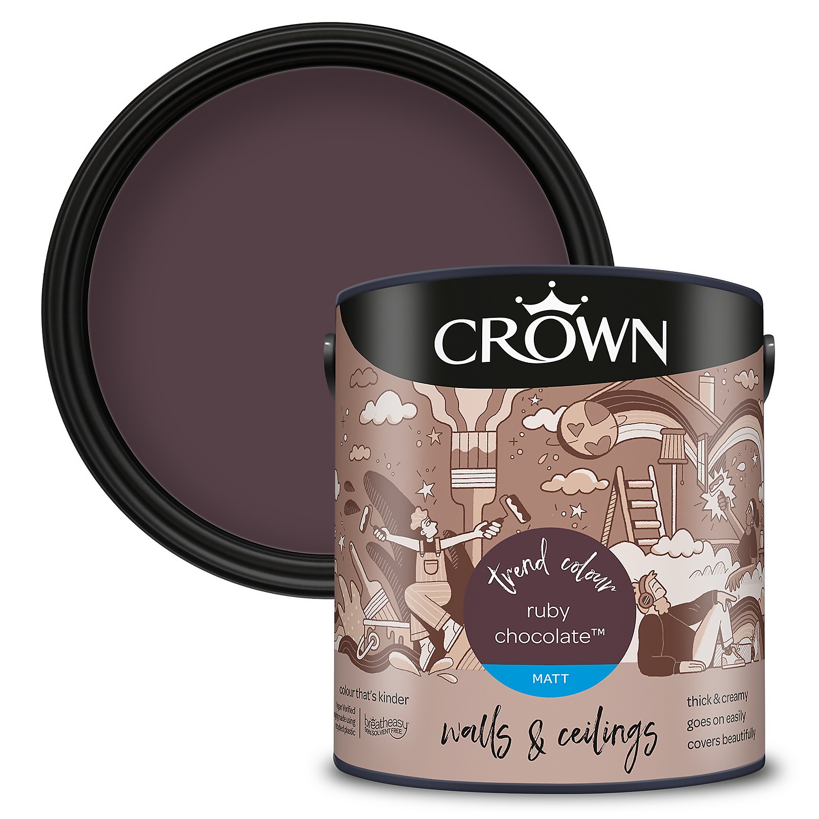 Crown Walls and Ceilings Matt Emulsion Paint in Ruby Chocolate, featuring a dark chocolate color, thick creamy texture, and a 2.5L container with artistic design elements.
