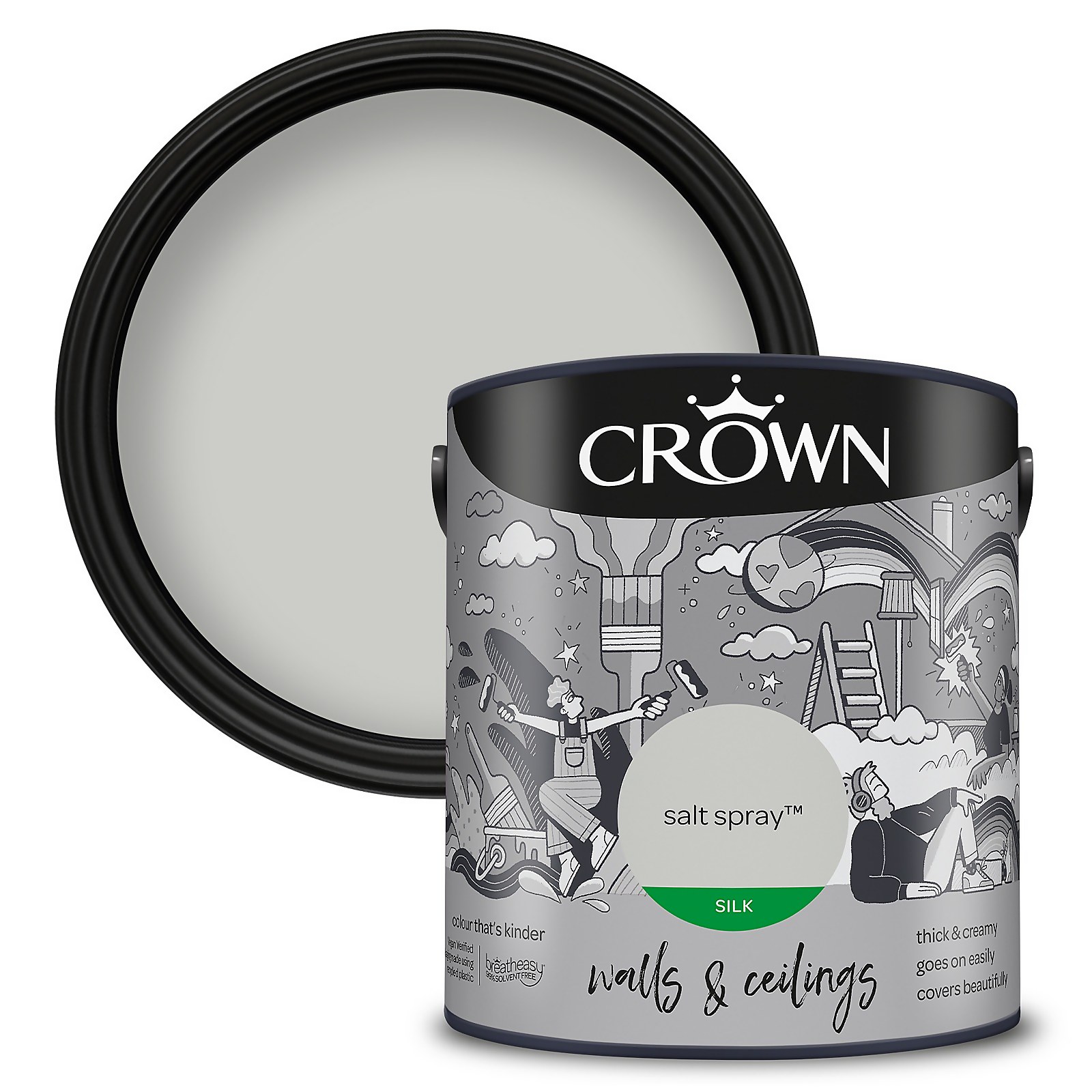 Crown Walls and Ceilings Silk Emulsion Paint in Salt Spray, 2.5L, features a sleek black can with a colorful illustrated label and a smooth, light grey paint color.