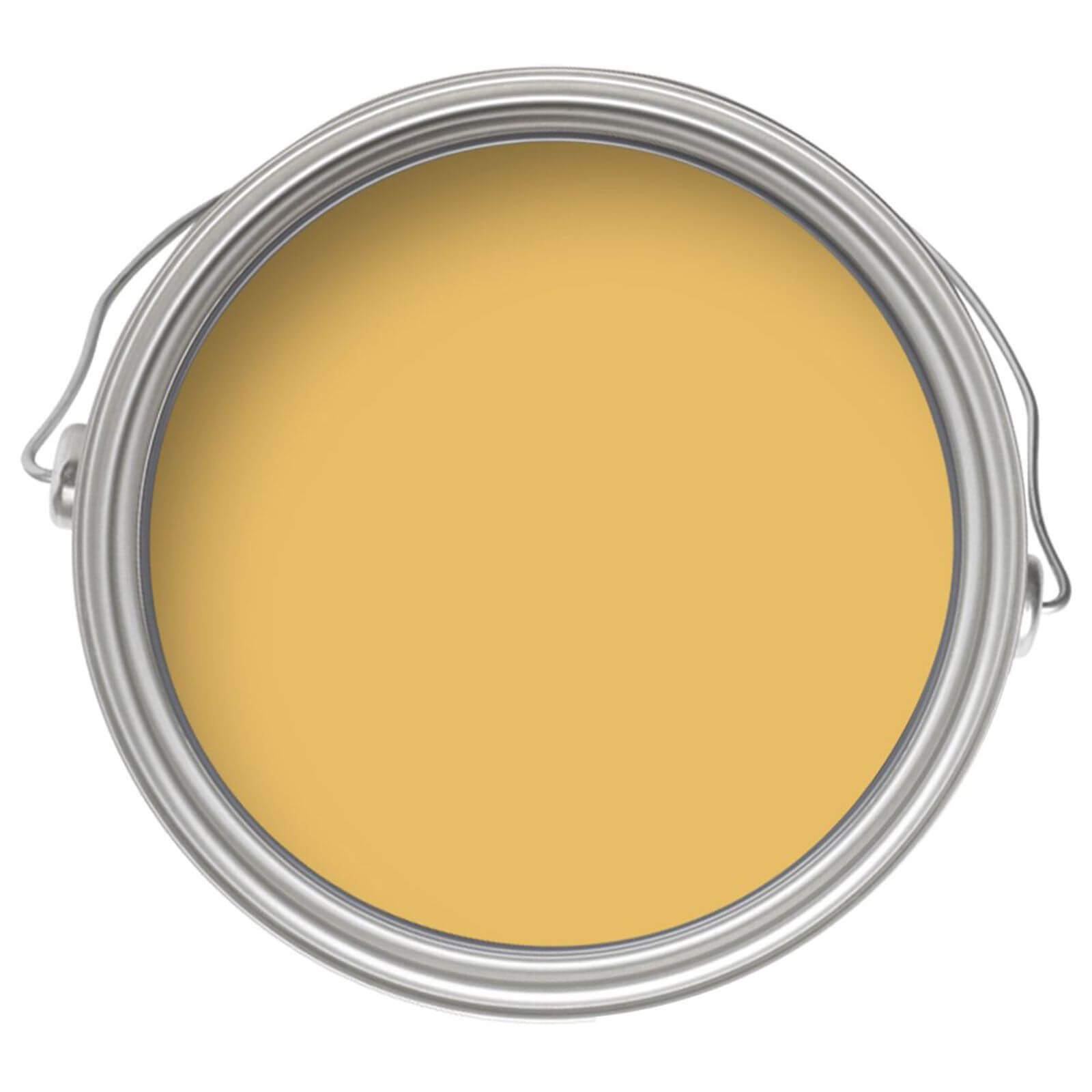 Mustard yellow silk emulsion paint in a 2.5L metal can, showcasing a smooth, glossy finish ideal for walls and ceilings.