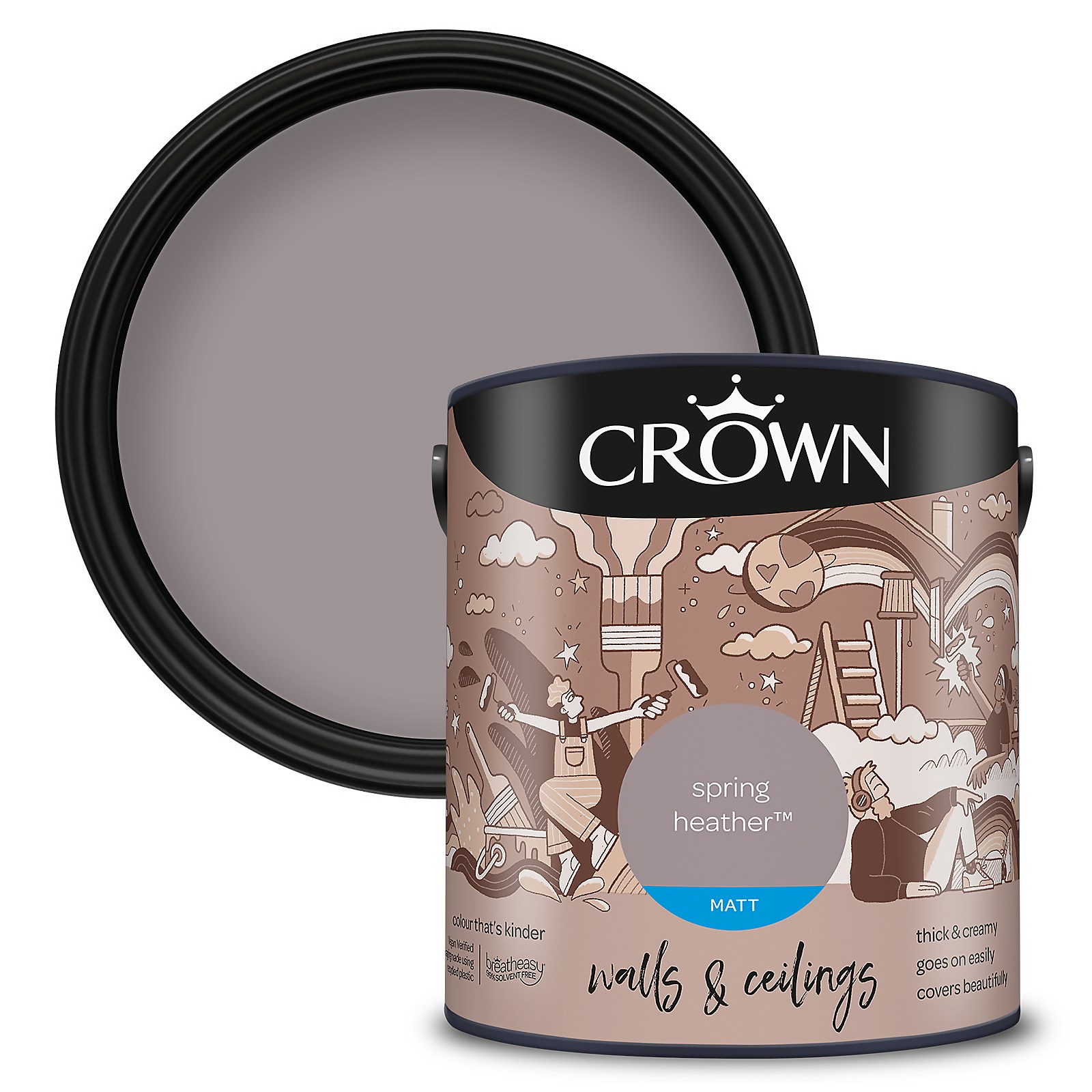 Crown Walls and Ceilings Matt Emulsion Paint in Spring Heather, 2.5L, featuring a soft lavender-grey color with a sleek black lid and decorative label showcasing artistic illustrations.
