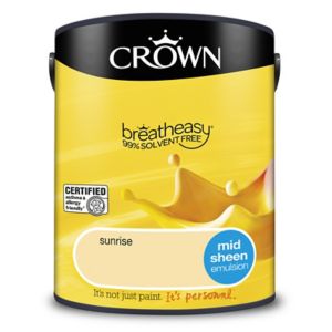 Crown Breatheasy Sunrise Mid Sheen Emulsion Paint in a 5L yellow tin featuring a splash design, with a black lid and label highlighting its solvent-free formula.
