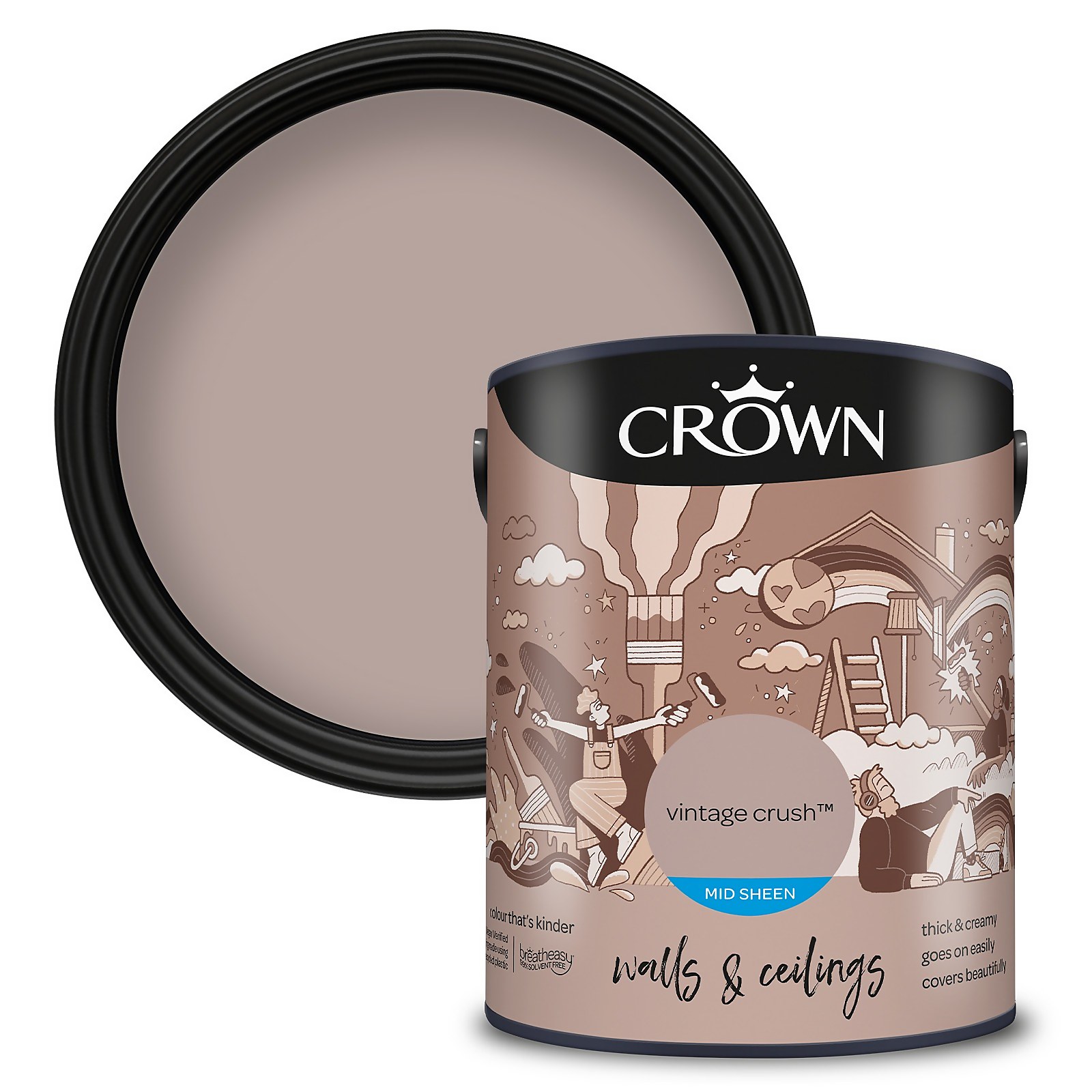 Crown Mid Sheen Paint in Vintage Crush, a 5-litre can featuring a soft mauve color, with a black lid and whimsical design, ideal for walls and ceilings.