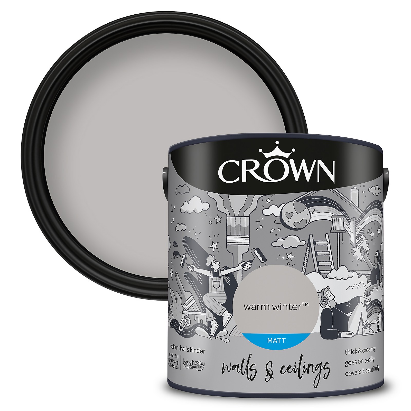 Crown Warm Winter Matt Paint Emulsion for walls and ceilings in a 2.5L tin, featuring a soft grey color and a smooth, creamy texture for easy application.