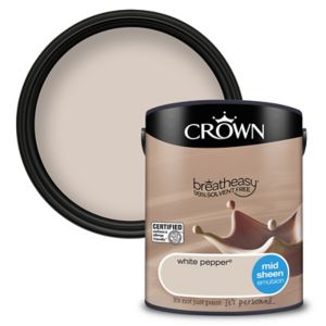 Crown Breatheasy White Pepper mid sheen emulsion paint in a 5L container, featuring a black lid and label, with a light beige color swatch visible on the lid.