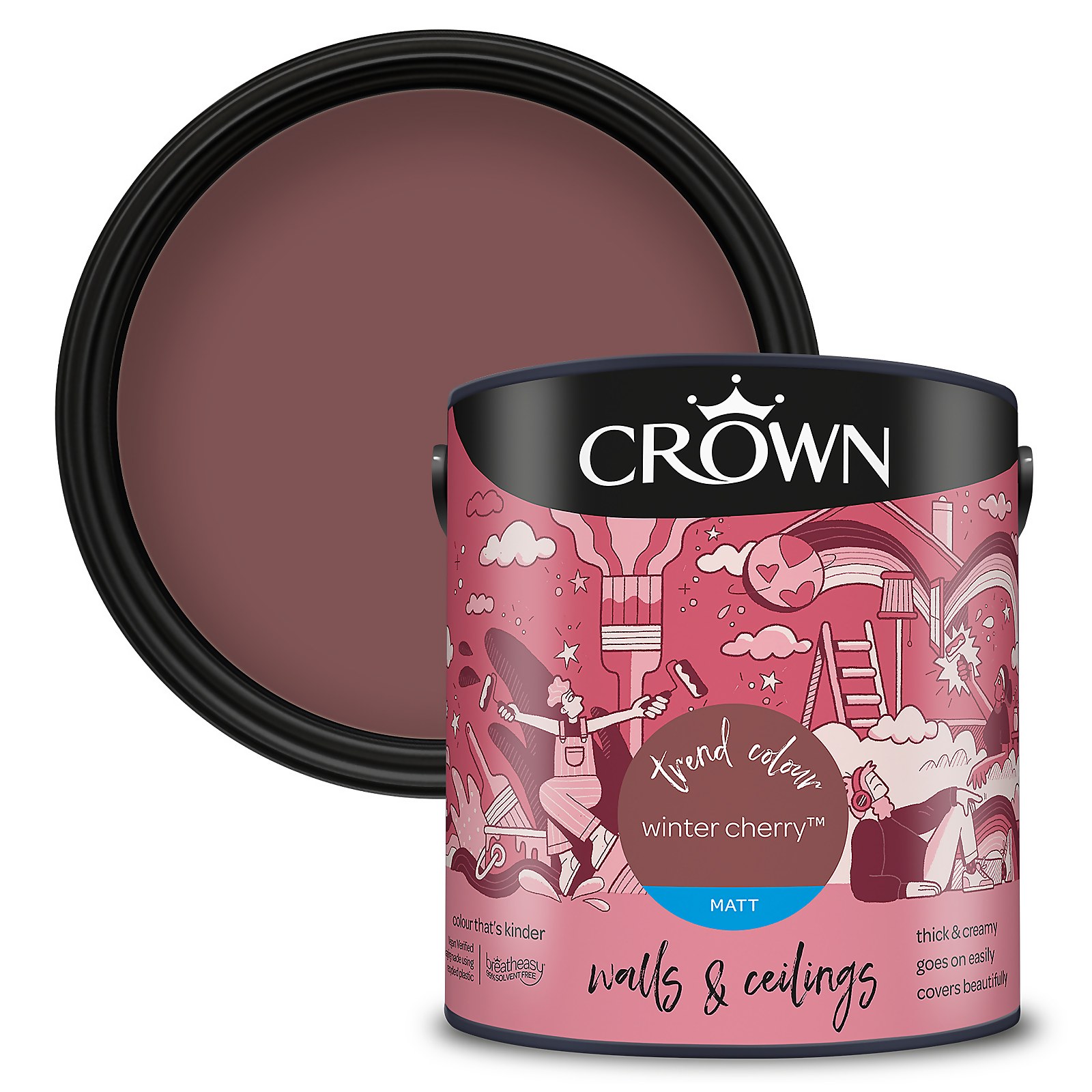 Crown Winter Cherry matt paint emulsion in a 2.5L tin, featuring a rich burgundy color with a smooth finish, labeled for walls and ceilings, adorned with playful illustrations.