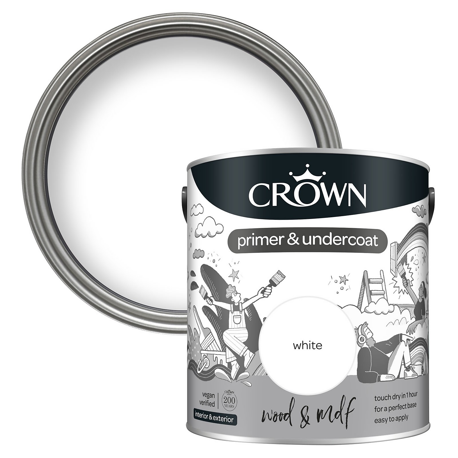 Crown Wood and MDF Primer and Undercoat in a 2.5L tin, featuring a white color, with a black and white illustrated label highlighting its easy application and quick drying time.