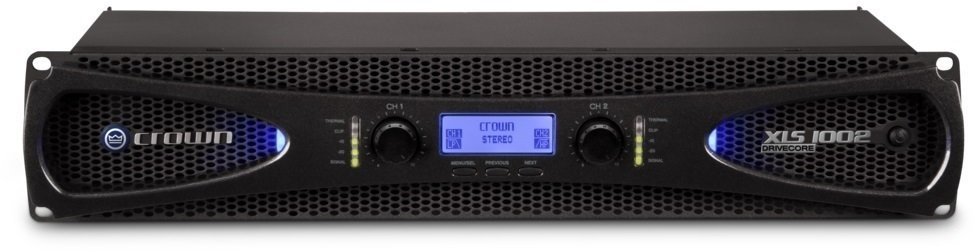 Black Crown Audio Power Amplifier with a sleek design, featuring a digital display, two control knobs, and LED indicators, providing 2x 350W RMS output in a Class D configuration.
