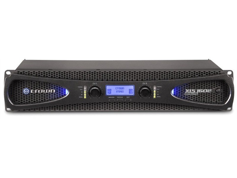 Black Crown XLS1502 amplifier with a sleek design, featuring blue LED lights, dual control knobs, and a digital display for easy monitoring.