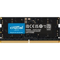 Black Crucial DDR5 262-pin SO-DIMM memory module with blue label and gold contacts, 16 GB capacity.