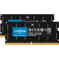 Black Crucial memory module 64 GB DDR5, 2 x 32 GB sticks, blue label with white text, gold connectors.