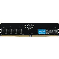 Black Crucial DDR5 memory module, 32 GB, 288-pin, with blue label and gold connectors.