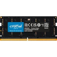 Black Crucial DDR5 SO-DIMM memory module with blue label, gold connectors, and printed specifications.