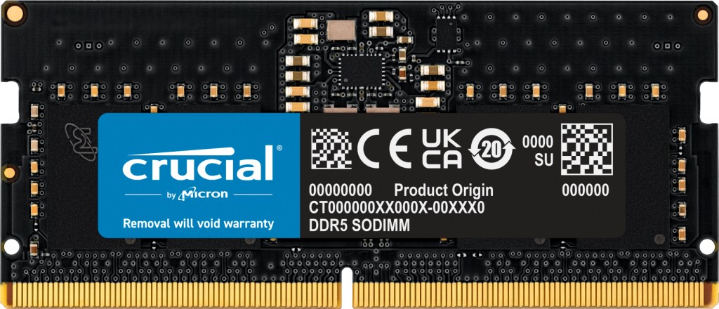 Crucial CT8G56C46S5T memory module featuring an 8 GB capacity, 262-pin SO-DIMM design, with a blue label, gold connectors, and a black circuit board.