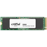 Crucial E100 1 TB M.2 PCIe 4.0 NVMe SSD with green circuit board and black chips, white label with logo and model info.