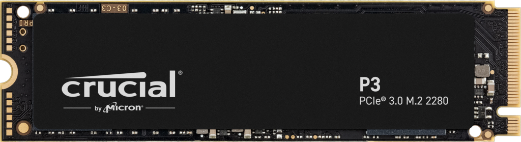 Crucial P3 1 TB M.2 NVMe SSD features a sleek black aluminum casing with gold connectors, labeled with "Crucial" and "P3" branding, designed for high-speed data transfer.