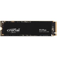 Black Crucial P3 Plus 1 TB M.2 PCIe 4.0 NVMe SSD with white branding and gold connector pins.