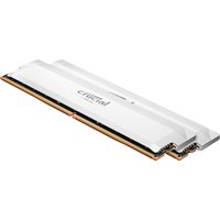 White Crucial Pro memory module, 32 GB DDR5, 2 x 16 GB, sleek design with gold connectors and Crucial logo.