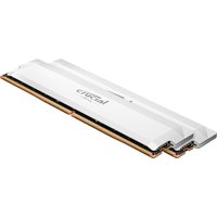 White Crucial Pro memory module, 32 GB DDR5, 2 x 16 GB, sleek design with gold connectors and black accents.