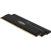 Black Crucial Pro DDR5 memory module, 64 GB, 2 x 32 GB, 288-pin, with gold contact edges and sleek design.