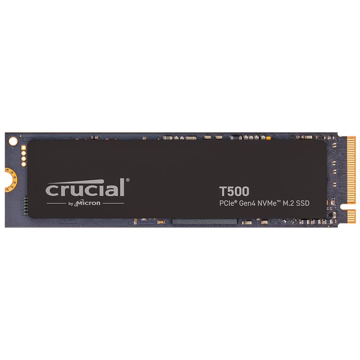 Crucial T500 500GB Gen4 NVMe SSD with a sleek black metal casing, featuring the Crucial logo and gold connector pins for high-speed data transfer.