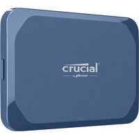 Blue Crucial X10 2 TB USB Type-C external SSD with rounded edges and Crucial logo on top.