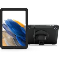 Black CTA Digital tablet case with hand strap and kickstand, fits 10.5" tablets, sleek design with camera cutout.